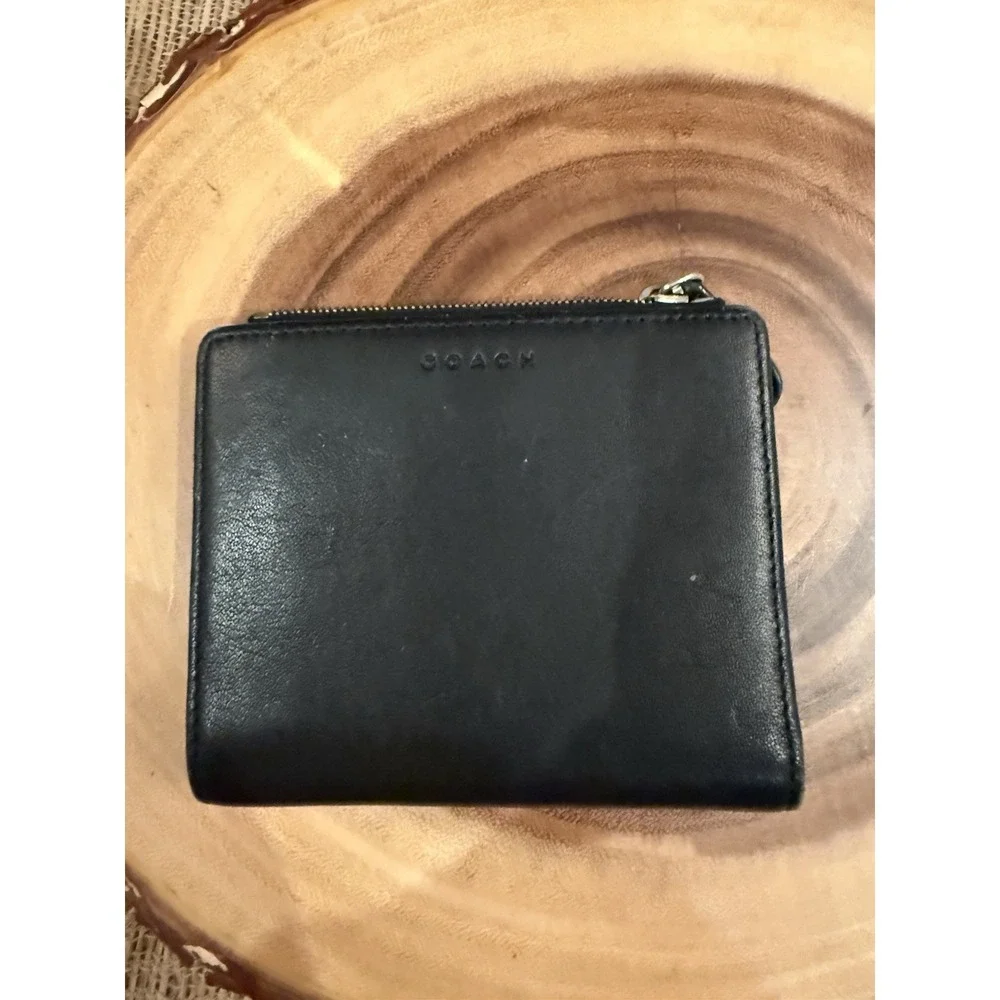 Coach Black Leather Bifold Wallet with Zipper Coin Purse Card Holder Y2K